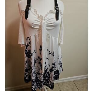 Cold Shoulder Floral Dress Women 2X Blue White A-Line Off Shoulder Cottagecore